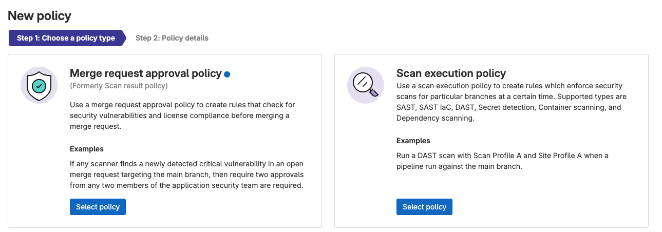 GitLab 보안·컴플라이언스 정책 선택 화면. 출처=GitLab | 인포그랩 GitLab