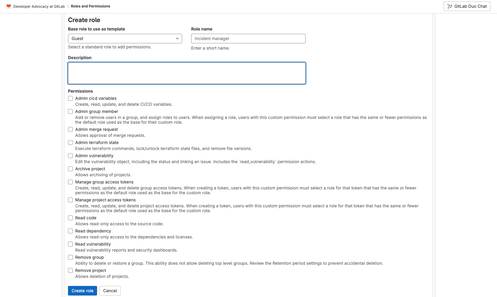 GitLab에서 Custom Roles로 역할과 권한을 설정하는 화면. 출처=GitLab | 인포그랩 GitLab