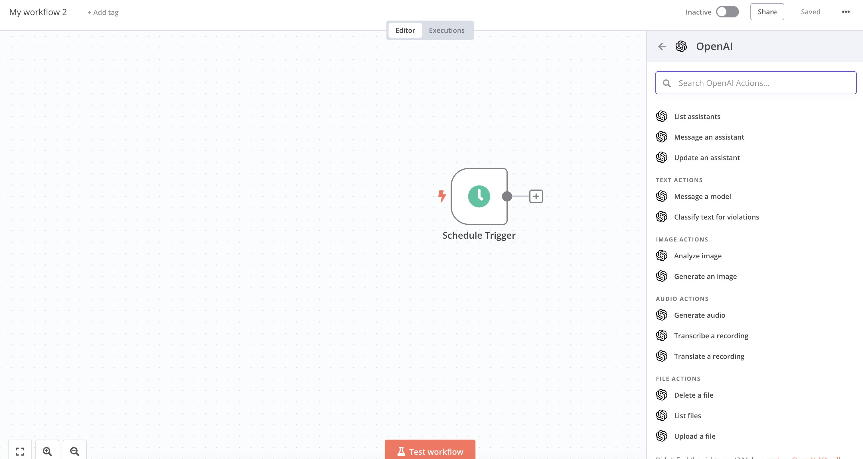 n8n에서 Integration 노드로 OpenAI를 추가하는 화면 | 인포그랩 GitLab