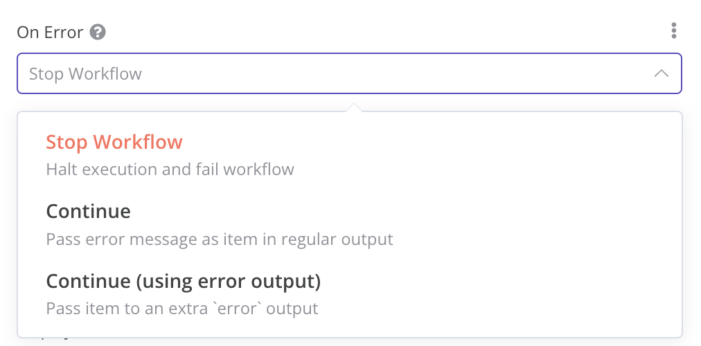 n8n에서 에러가 발생할 때 노드 처리를 설정하는 화면 | 인포그랩 GitLab