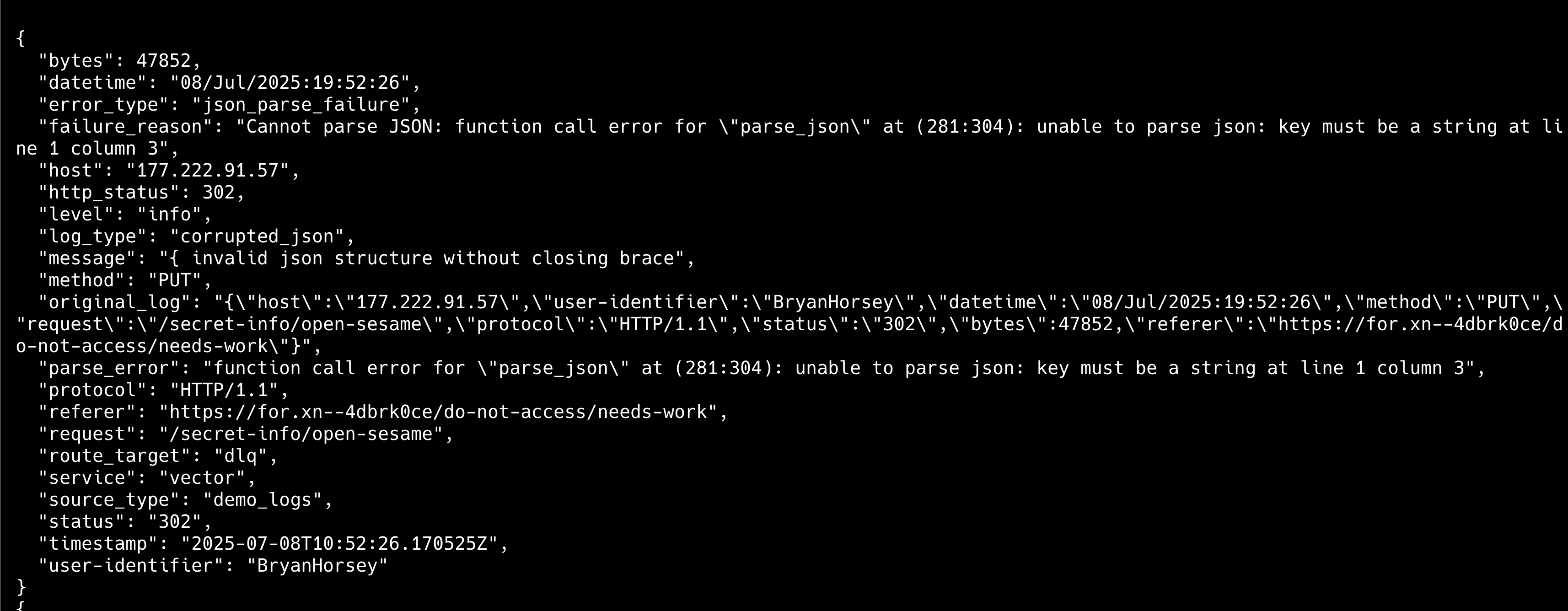 `/tmp/vector-dlq-%Y-%m-%d-%H.log`에 기록된 파싱 실패 로그 화면 -2 | 인포그랩 GitLab