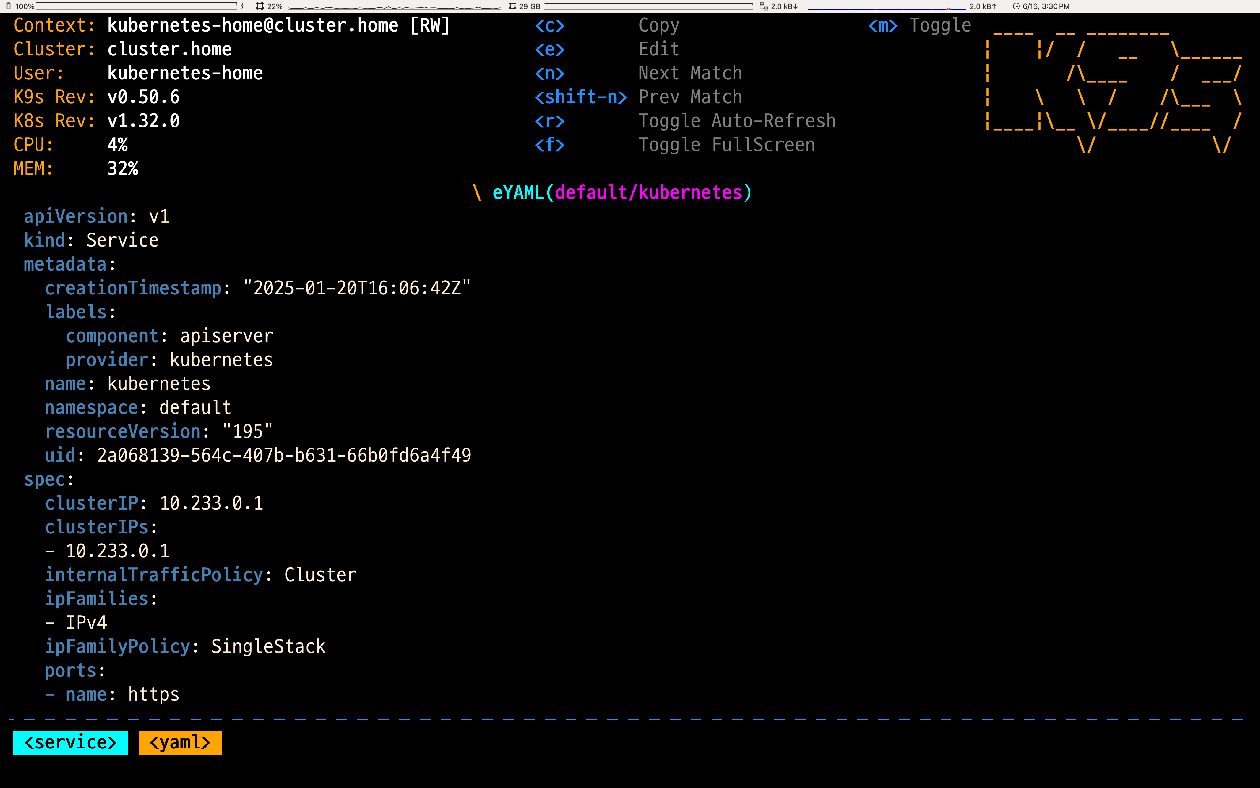 Kubernetes default Service의 YAML 편집 화면 | 인포그랩 GitLab
