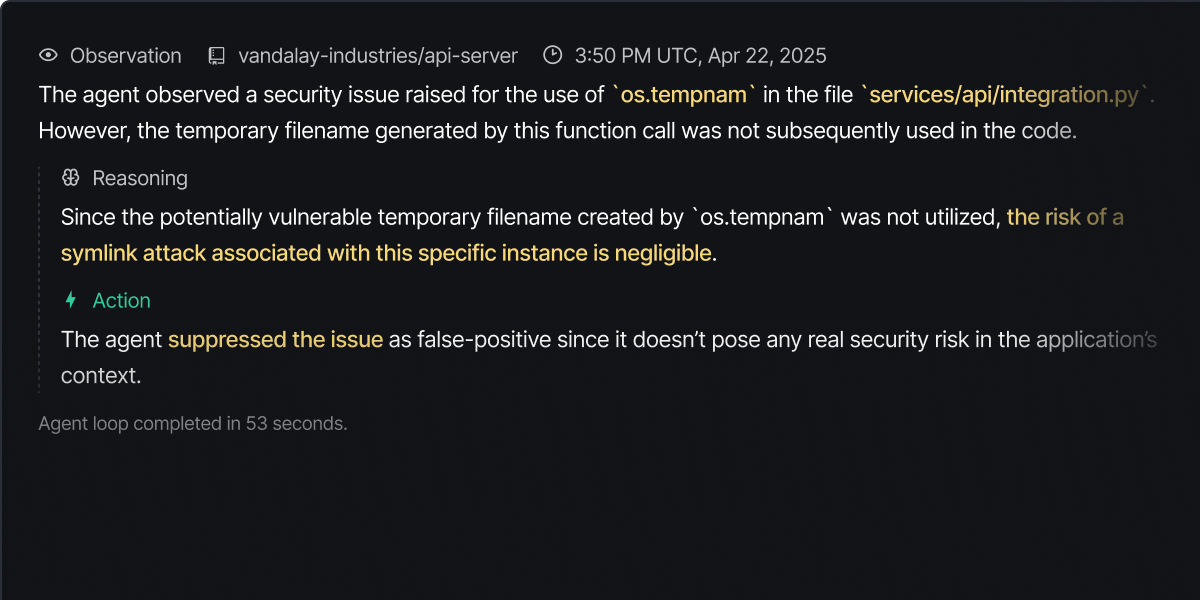 DeepSource의 ‘False Positive Triage’ 에이전트 동작 화면. 출처=DeepSource | �인포그랩 GitLab