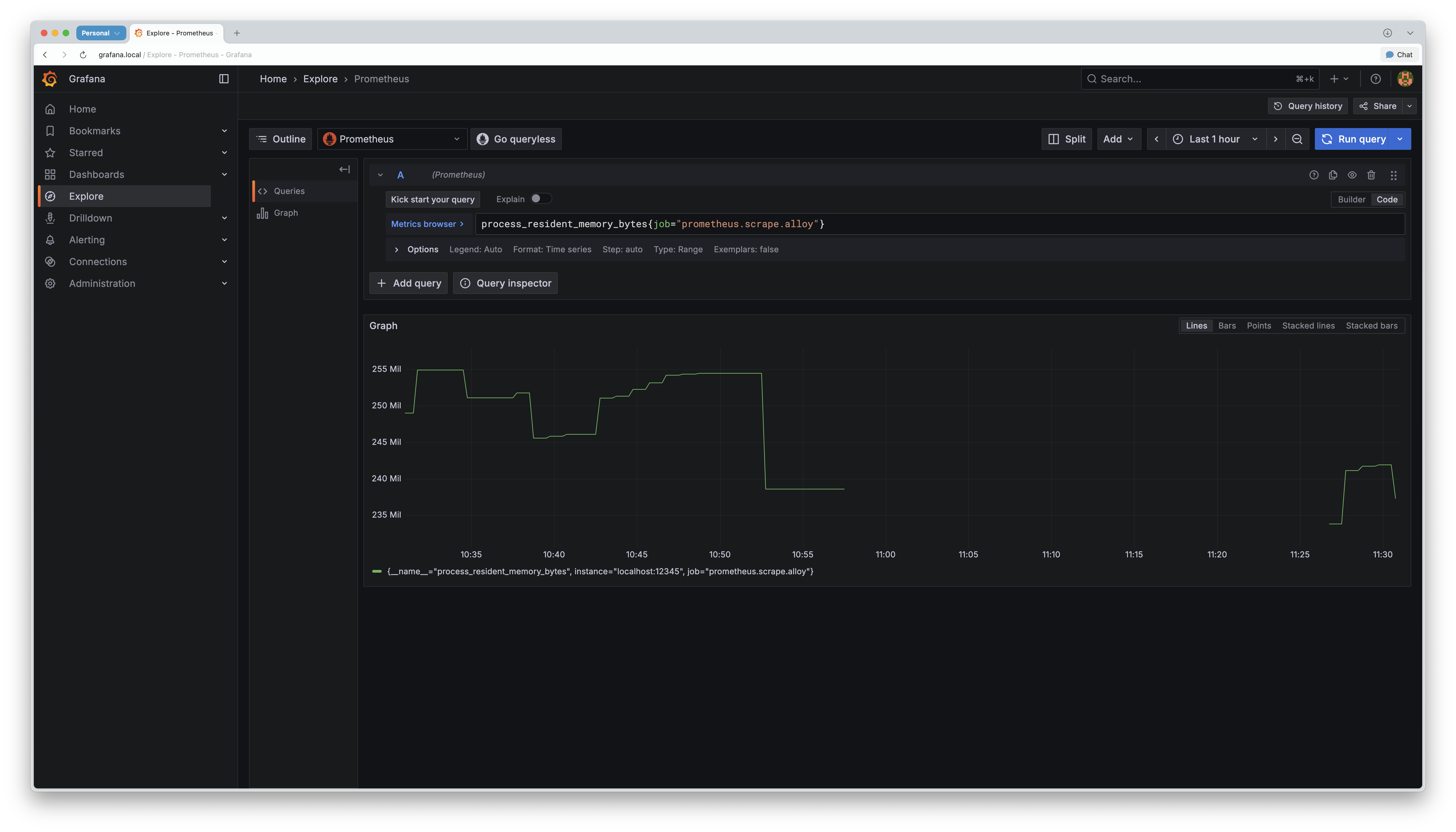 Grafana Explore의 메트릭 표시 화면 | 인포그랩 GitLab