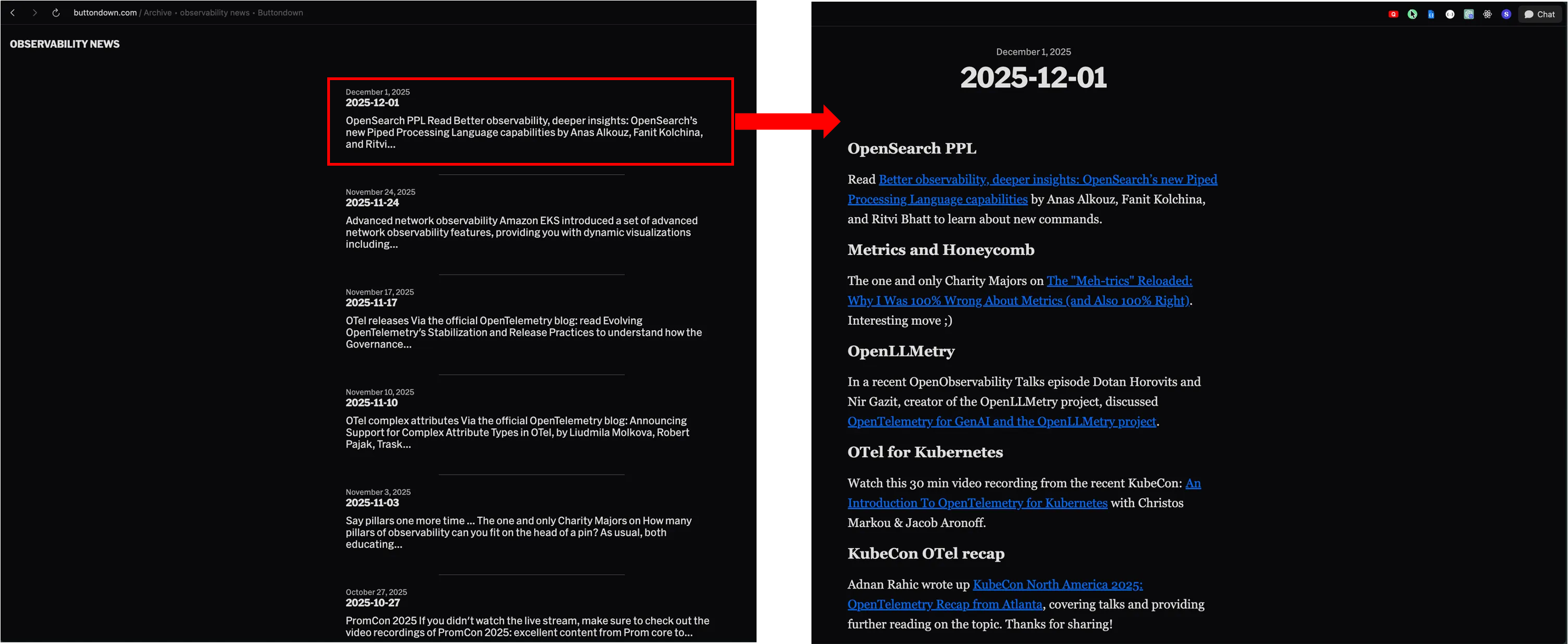 Observability News 뉴스레터 특정 회차 페이지 내 외부 링크 구조 (오른쪽) | 인포그랩 GitLab