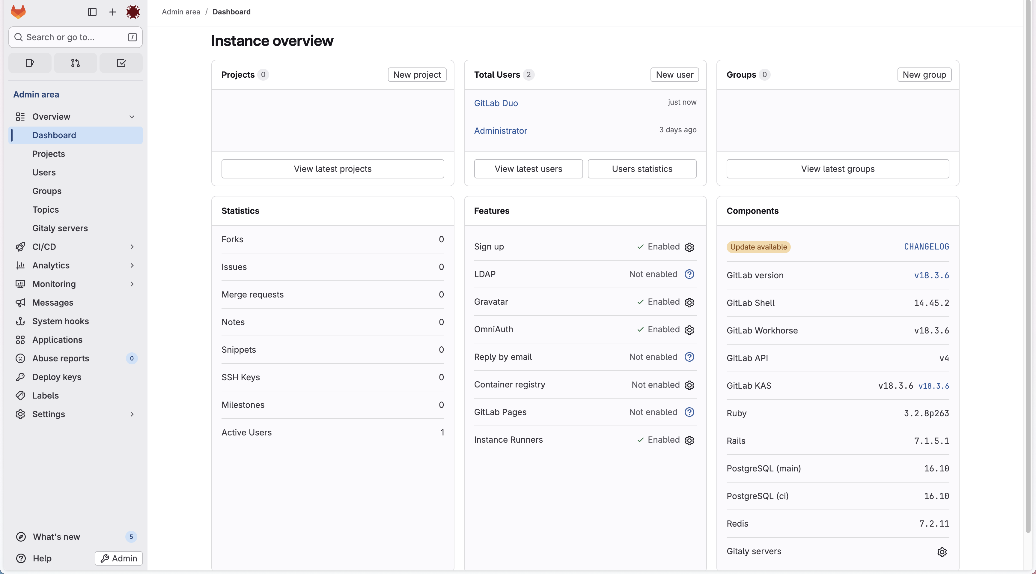 18.3.6으로 업그레이드가 완료된 GitLab 상태 | 인포그랩 GitLab