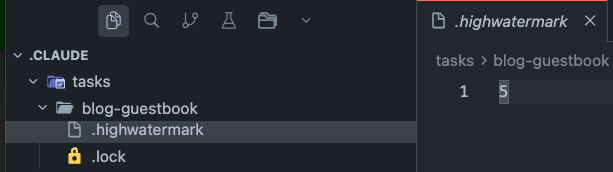 모든 태스크 완료 후 JSON 파일이 삭제되고, `.highwatermark`에 마지막 태스크 번호(5)가 기록된 모습 | 인포그랩 GitLab