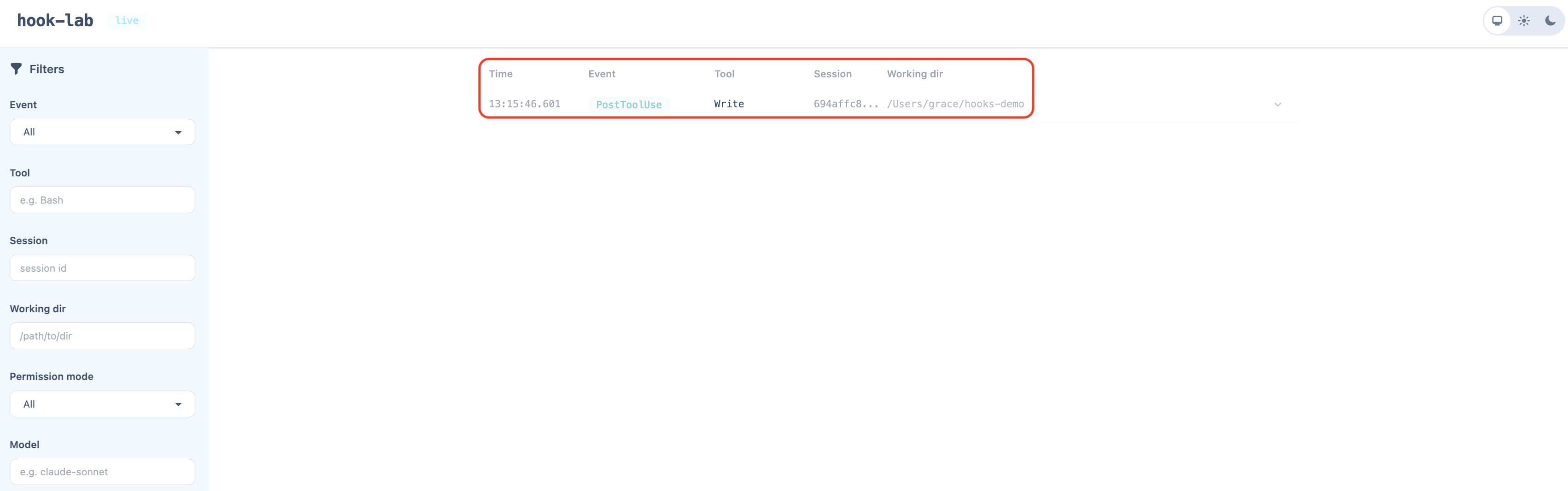 HookLab 대시보드에 `PostToolUse` 이벤트가 실시간으로 표시 된 화면 | 인포그랩 GitLab