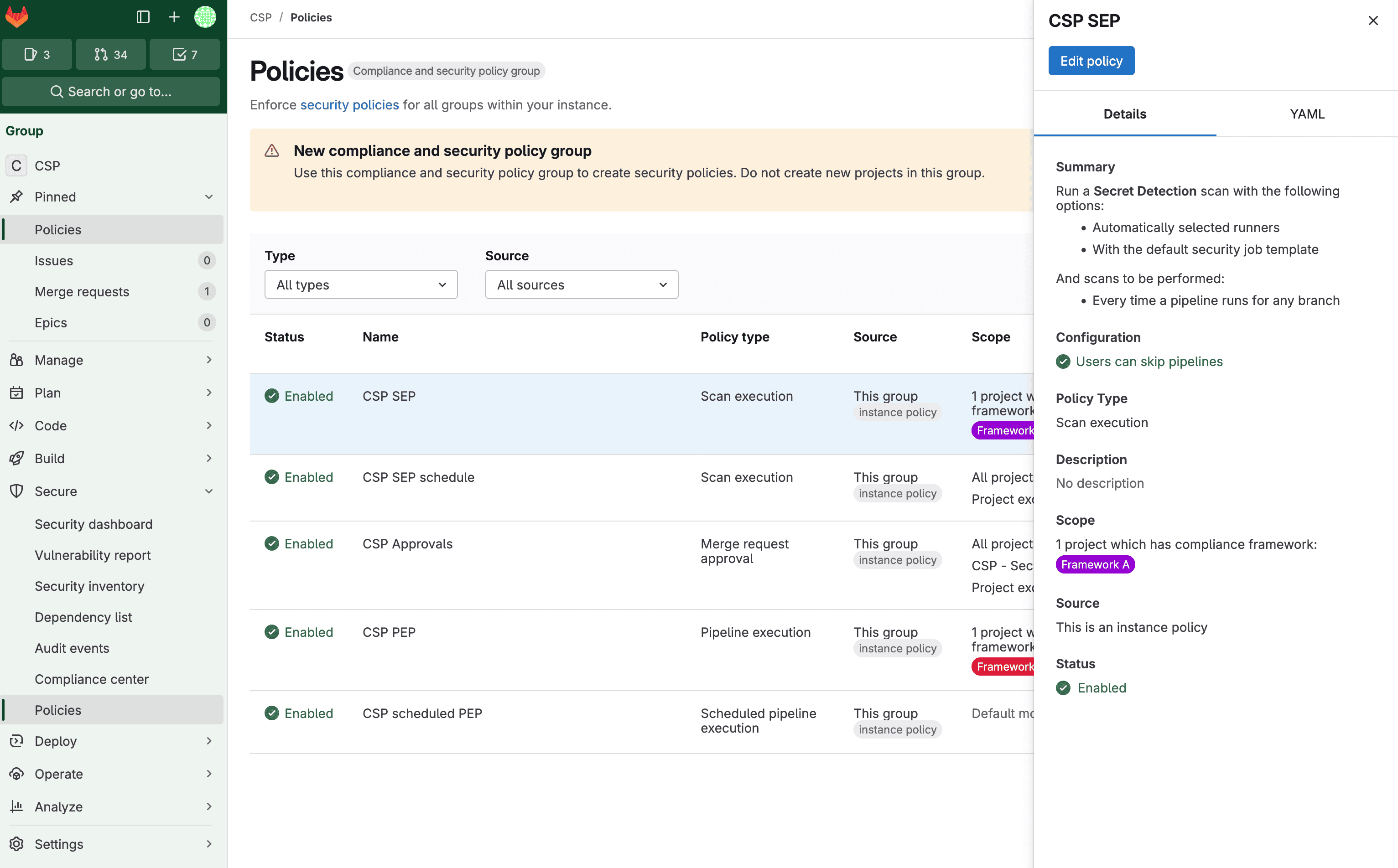 보안 정책 관리 화면. 출처=GitLab | 인포그랩 GitLab