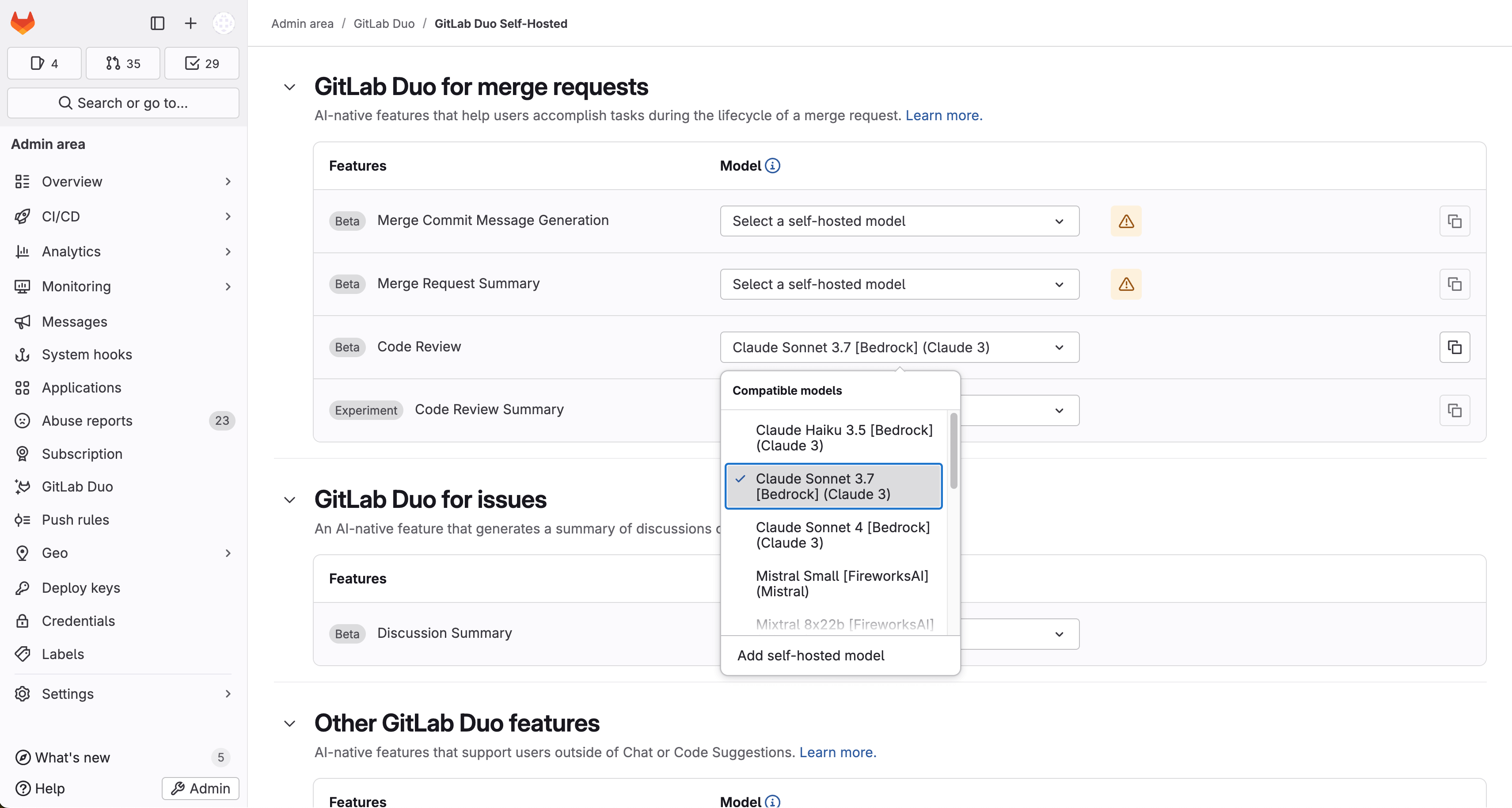 GitLab Duo 셀프 호스팅 기능별 모델 설정 화면. 출처=GitLab | 인포그랩 GitLab