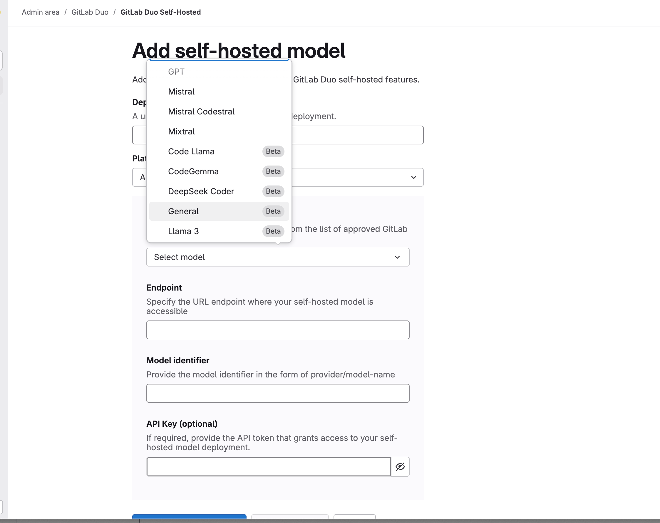 GitLab Duo 셀프 호스팅 모델 추가 화면. 출처=GitLab | 인포그랩 GitLab