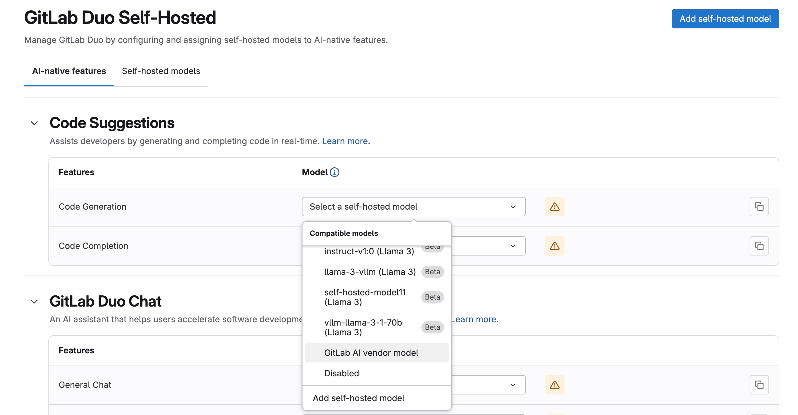 GitLab Duo 셀프 호스팅 기능별 모델 설정 화면. 출처=GitLab | 인포그랩 GitLab