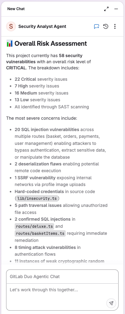 GitLab Security Analyst Agent 사용 화면. 출처=GitLab | 인포그랩 GitLab