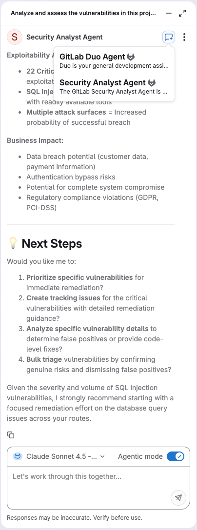 GitLab Security Analyst Agent 화면. 출처=GitLab | 인포그랩 GitLab