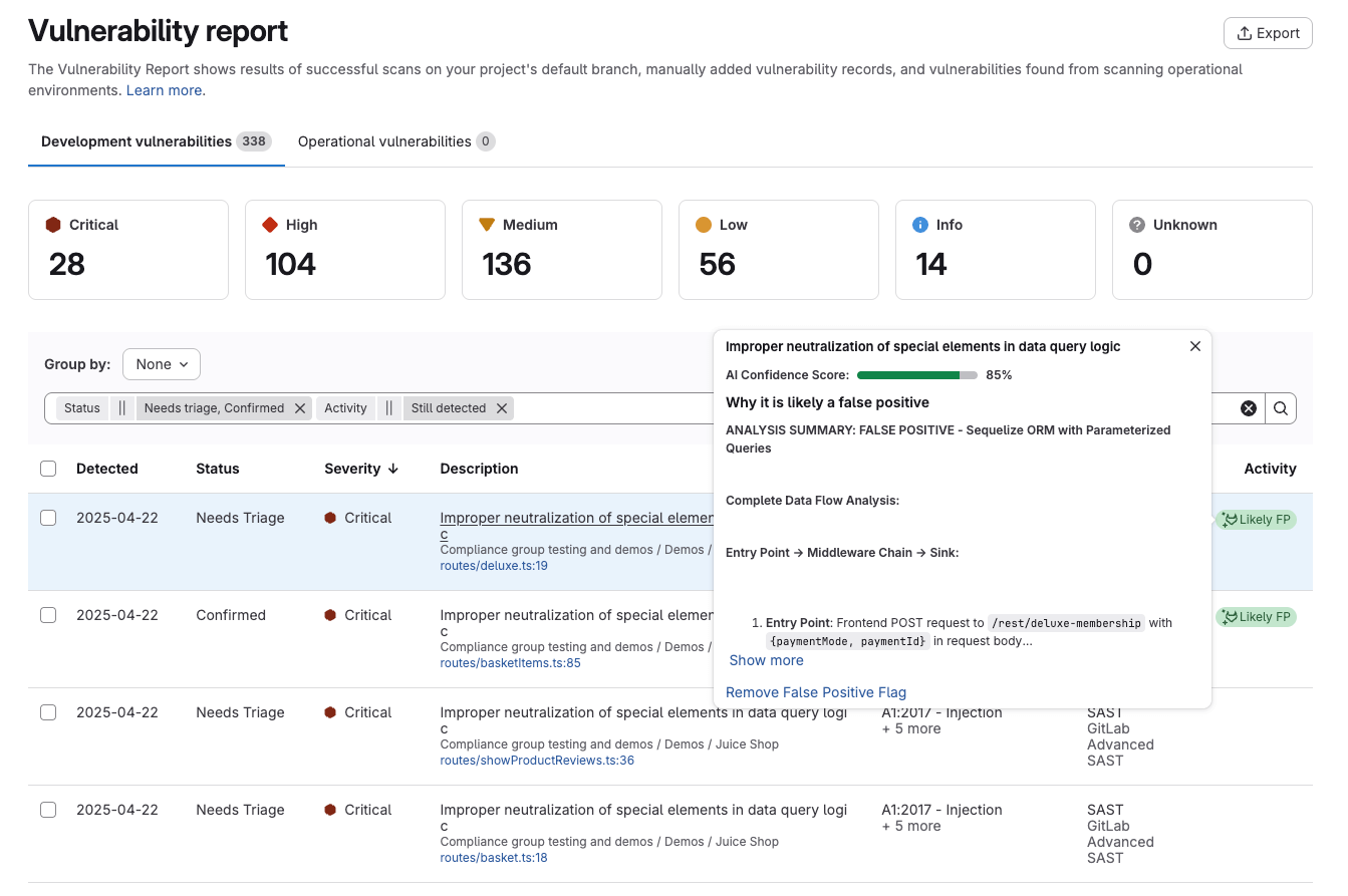 AI 기반 SAST 거짓 긍정 탐지 결과. 출처=GitLab | 인포그랩 GitLab