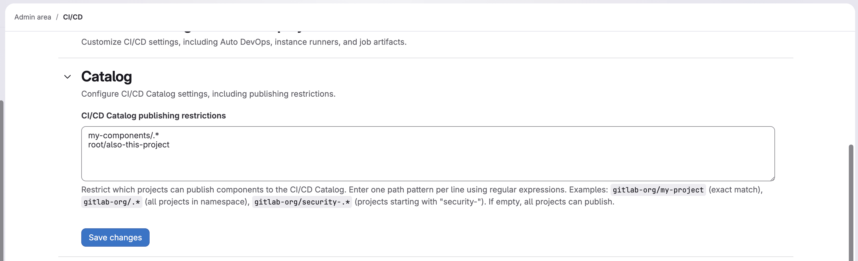 CI/CD 카탈로그 컴포넌트 게시 제어를 위한 인스턴스 설정 화면. 출처=GitLab | 인포그랩 GitLab