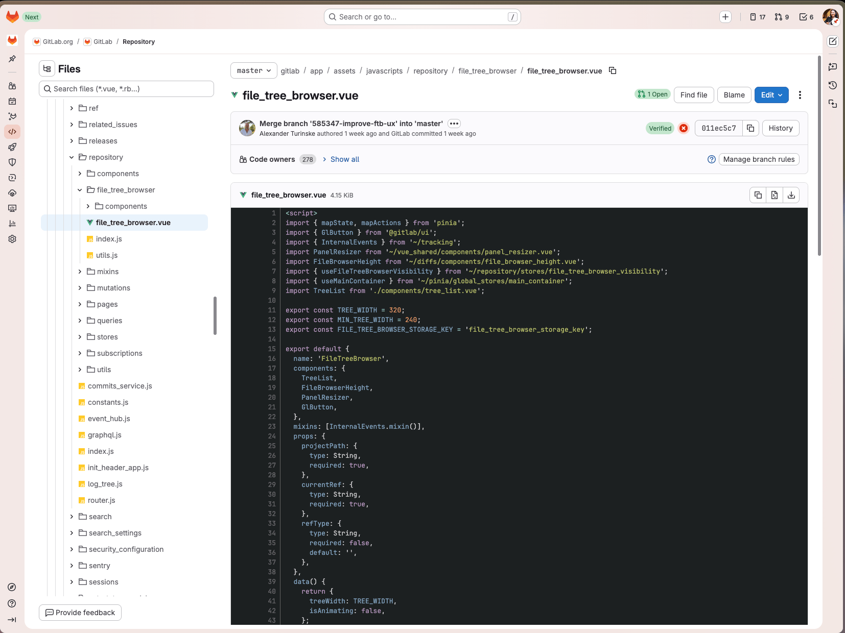 파일 트리 기반 리포지터리 탐색 화면. 출처: GitLab | 인포그랩 GitLab