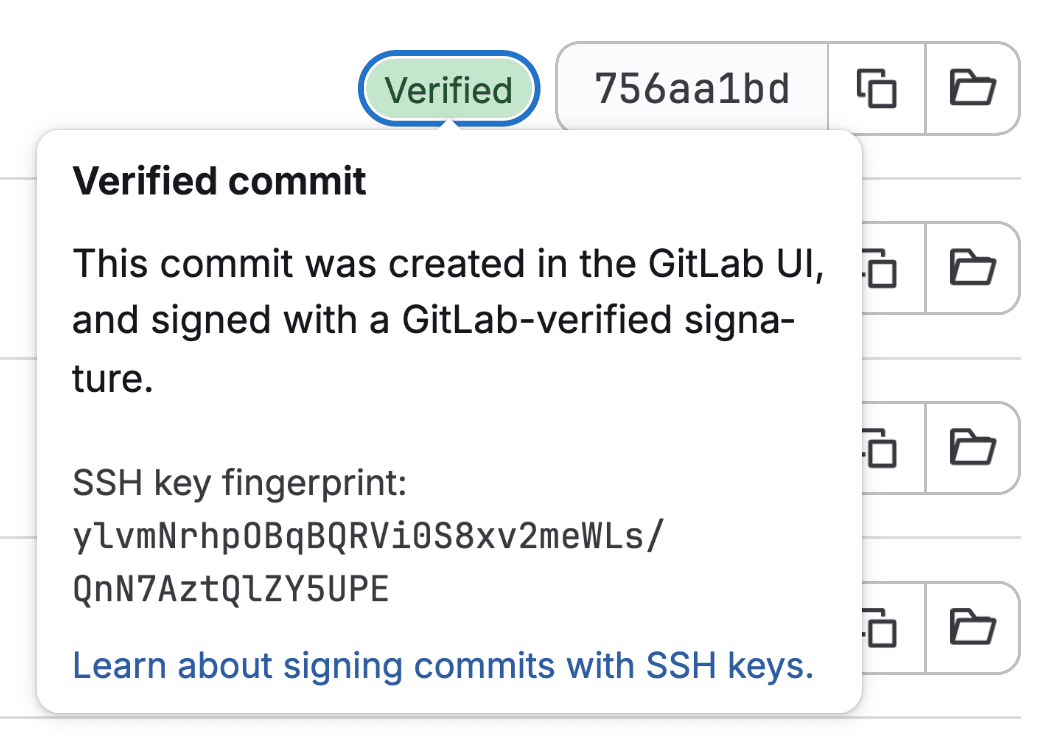 ‘Verified’ 배지와 함께 표시된 커밋. 출처: GitLab | 인포그랩 GitLab