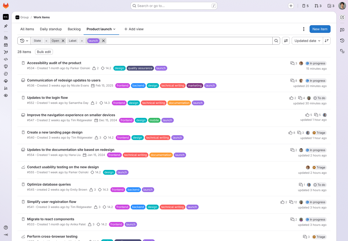 Work Items 통합 목록 및 저장된 뷰 화면. 출처: GitLab | 인포그랩 GitLab