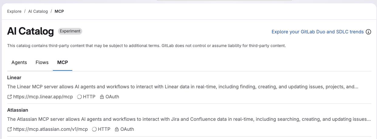 AI 카탈로그의 MCP 설정 목록 화면. 출처: GitLab | 인포그랩 GitLab