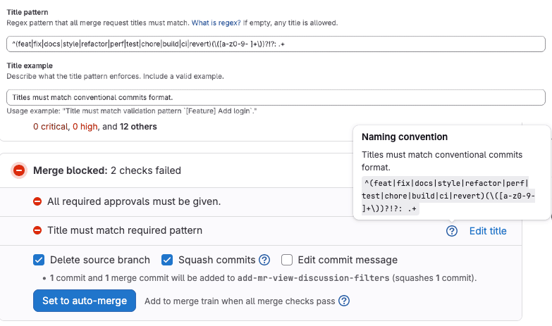 MR 제목 정규표현식 규칙 적용 화면. 출처: GitLab | 인포그랩 GitLab