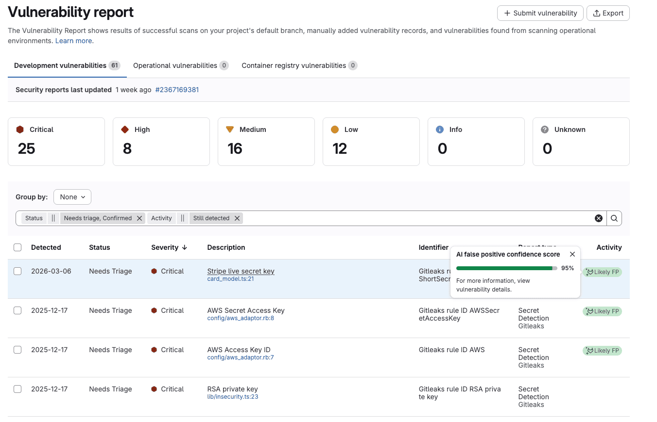 시크릿 거짓 긍정 탐지 화면. 출처: GitLab | 인포그랩 GitLab